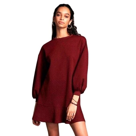 Mare Mare x Anthropologie Odila Burgundy Tunic Dress Puff Sleeves Women's Medium - Picture 1 of 12